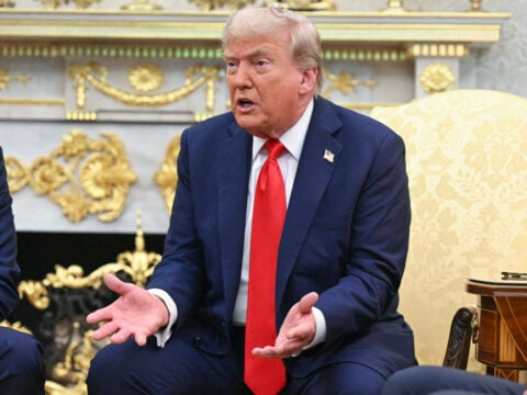 US President Donald Trump hosts Polish President Karol Nawrocki (L) in the Oval Office at the White House in Washington, DC on September 3, 2025.