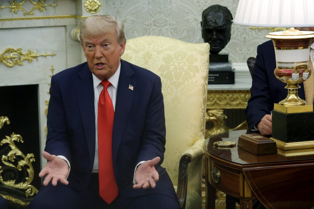 U.S. President Donald Trump speaks during a bilateral meeting with Polish President Karol Nawrocki in the Oval Office at the White House on September 3, 2025 in Washington, DC.