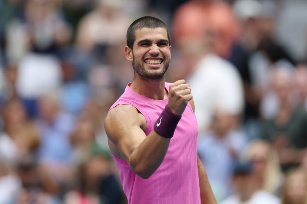 Carlos Alcaraz of Spain celebrates after defeating Novak Djokovic of Serbia during their Men's Semifinal match on Day Thirteen of the 2025 US Open at USTA Billie Jean King National Tennis Center on September 5, 2025 in the Flushing neighborhood of the Queens borough of New York City.