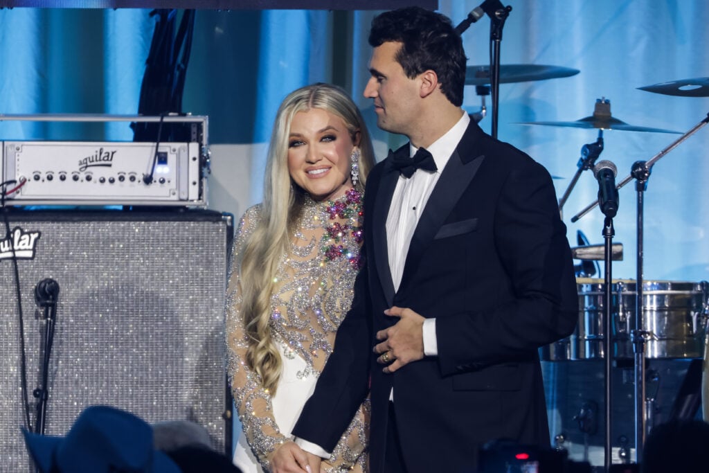 Charlie Kirk and his wife Erika Lane on stage during the Turning Point USA Inaugural-Eve Ball at the Salamander Hotel on January 19, 2025 in Washington, DC.