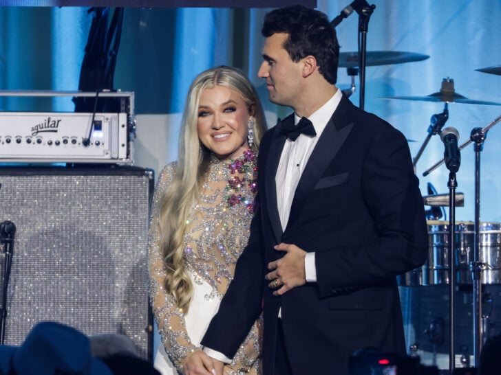 Charlie Kirk and his wife Erika Lane on stage during the Turning Point USA Inaugural-Eve Ball at the Salamander Hotel on January 19, 2025 in Washington, DC.