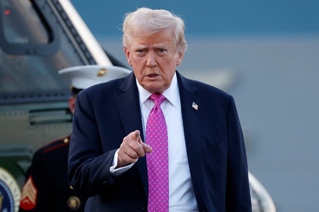 U.S. President Donald Trump walks to Air Force One at Morristown Airport on September 14, 2025 in Morristown, New Jersey. 