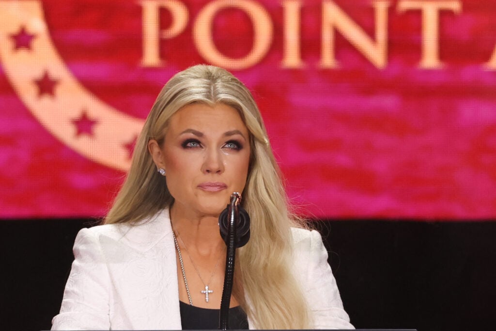 Erika Kirk, Charlie Kirk's widow, speaks at the public memorial service for right-wing activist Charlie Kirk at State Farm Stadium in Glendale, Arizona, on September 21, 2025.