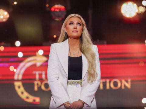 Erika Kirk speaks during the memorial service for her husband, political activist Charlie Kirk at State Farm Stadium on September 21, 2025 in Glendale, Arizona.