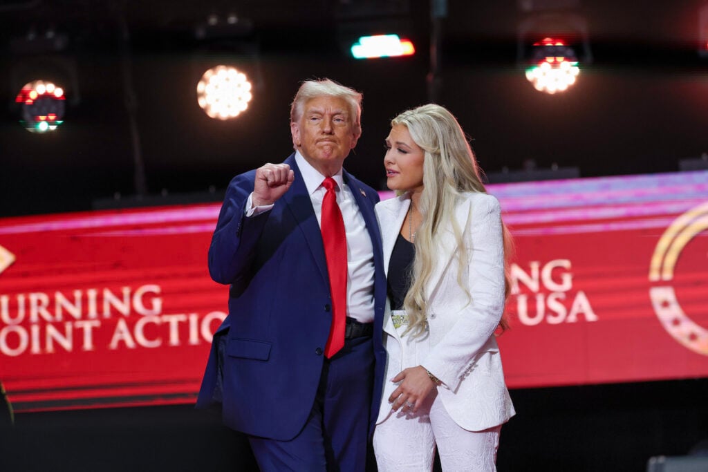 Erika Kirk joins U.S. President Donald Trump onstage during the memorial service for political activist Charlie Kirk at State Farm Stadium on September 21, 2025 in Glendale, Arizona.