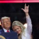 Erika Kirk joins U.S. President Donald Trump onstage during the memorial service for political activist Charlie Kirk at State Farm Stadium on September 21, 2025 in Glendale, Arizona.