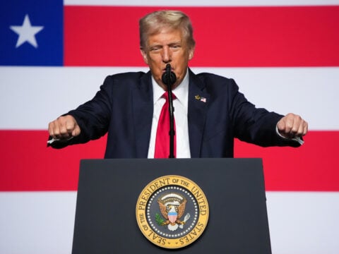 U.S. President Donald Trump speaks to senior military leaders at Marine Corps Base Quantico on September 30, 2025 in Quantico, Virginia.