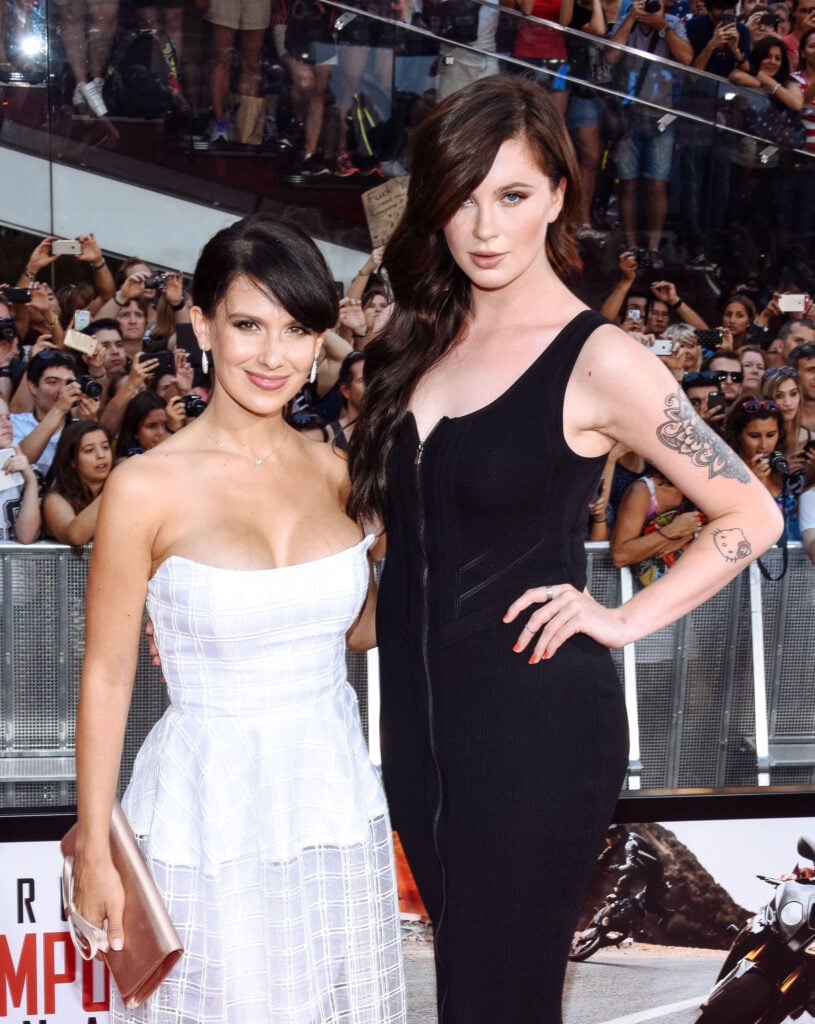 Hilaria Thomas (L) and Ireland Baldwin attend the "Mission Impossible - Rogue Nation" New York Premiere at Duffy Square in Times Square on July 27, 2015 in New York City.  