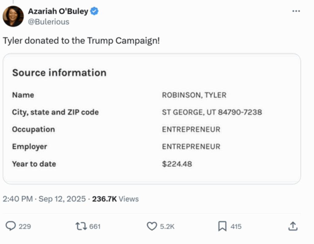 A tweet about Tyler Robinson's alleged Trump donation.