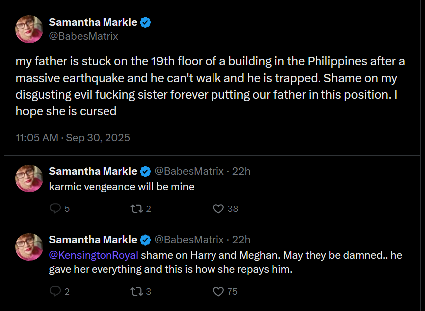 A dark mode Twitter screenshot of Samantha Markle's tweets.
