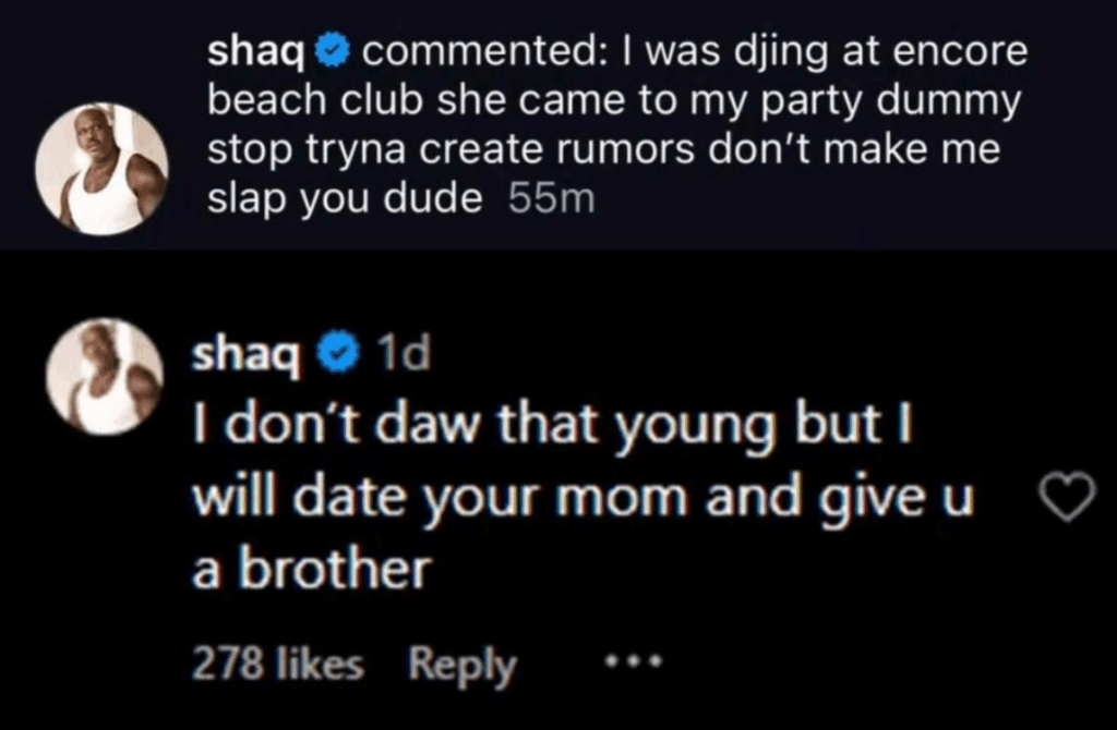 Dark mode Shaquille O'Neal Instagram comments screenshots.
