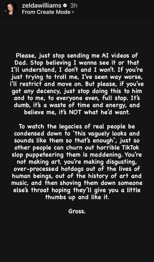 A screenshot of Zelda Williams' October 2025 Instagram Story post, part 1 of 2.