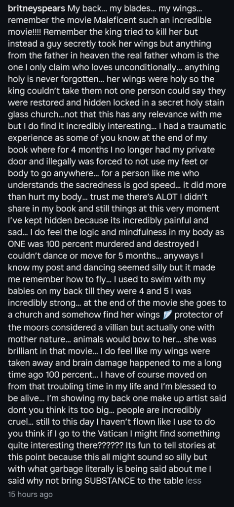A dark mode Instagram screenshot of Britney Spears' lengthy caption.