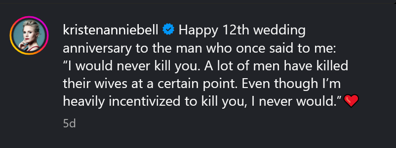 A dark mode screenshot of Kristen Bell's Instagram caption from October 2025.