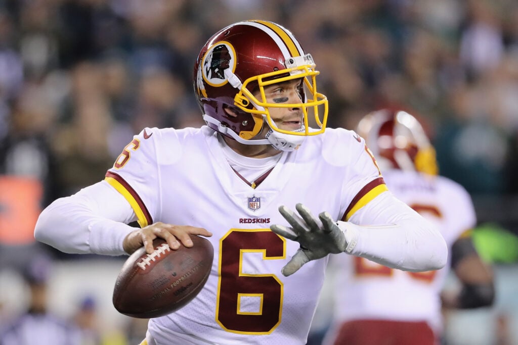 Quarterback Mark Sanchez #6 of the Washington Redskins scrambles against the Philadelphia Eagles during the second quarter at Lincoln Financial Field on December 3, 2018 in Philadelphia, Pennsylvania.  
