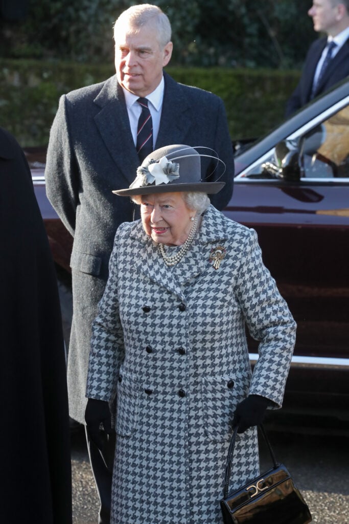 Queen Elizabeth II and Prince Andrew, Duke of York attend church at Hillington in Sandringham on January 19, 2020 in King's Lynn, England. 