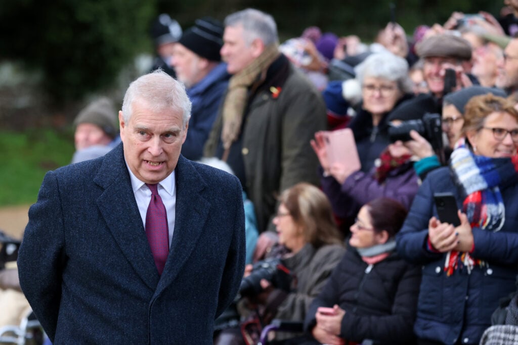 Prince Andrew, Duke of York, attends the Christmas Day service at St Mary Magdalene Church on December 25, 2022 in Sandringham, Norfolk. 