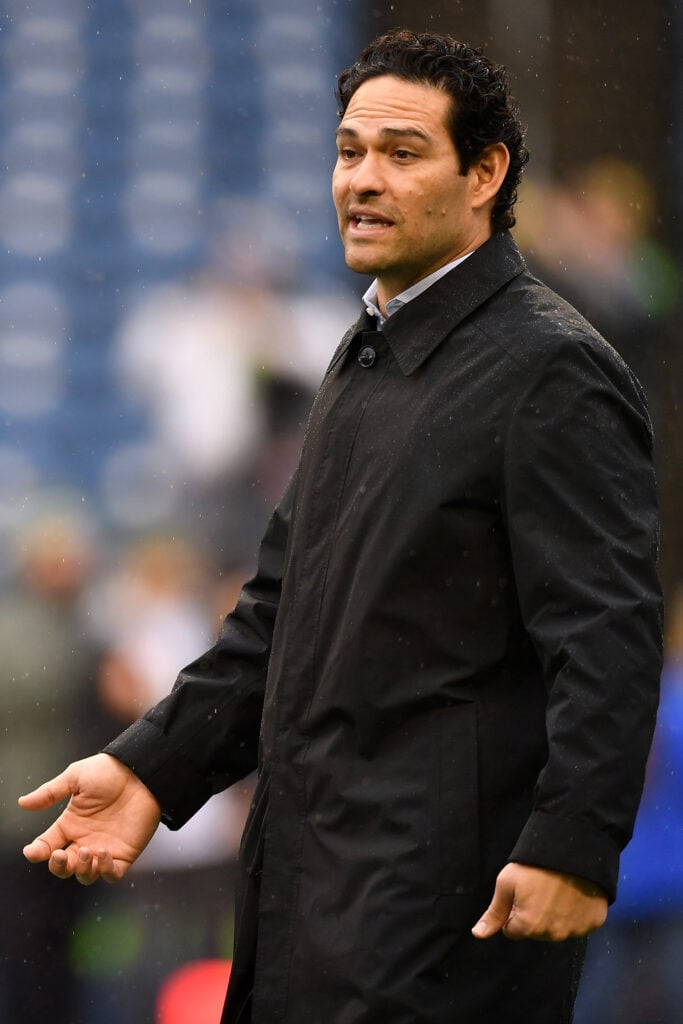 TV Announcer and former NFL quarterback Mark Sanchez on the field prior to the game between the Los Angeles Rams and Seattle Seahawks at Lumen Field on January 08, 2023 in Seattle, Washington. 