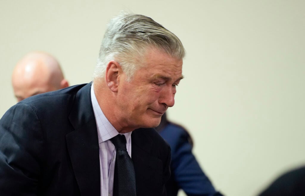 Alec Baldwin gets emotional at the conclusion of his trial for involuntary manslaughter in First Judicial District Court on July 12, 2024 in Santa Fe, New Mexico.