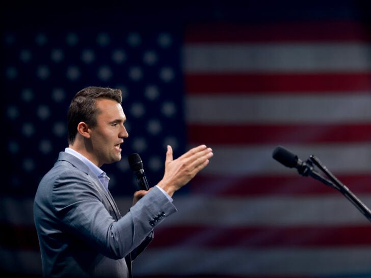 Charlie Kirk, who founded Turning Point USA, speaks before former President Donald Trump's arrival during a Turning Point USA Believers Summit conference at the Palm Beach Convention Center on July 26, 2024 in West Palm Beach, Florida.