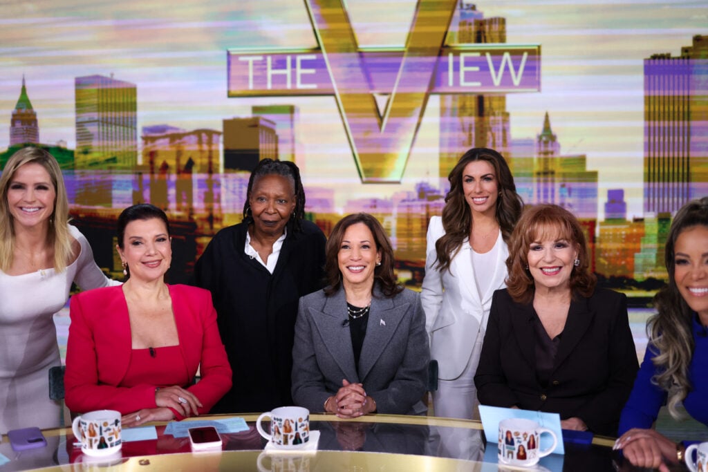 US Vice President and Democratic presidential nominee Kamala Harris (C) is pictured in studio at ABC during a break in the recording of the show "The View" with hosts (L-R) Sara Haines, Ana Navarro, Whoopi Goldberg, Alyssa Farah Griffin, Joy Behar and Sunny Hostin in New York on October 8, 2024.