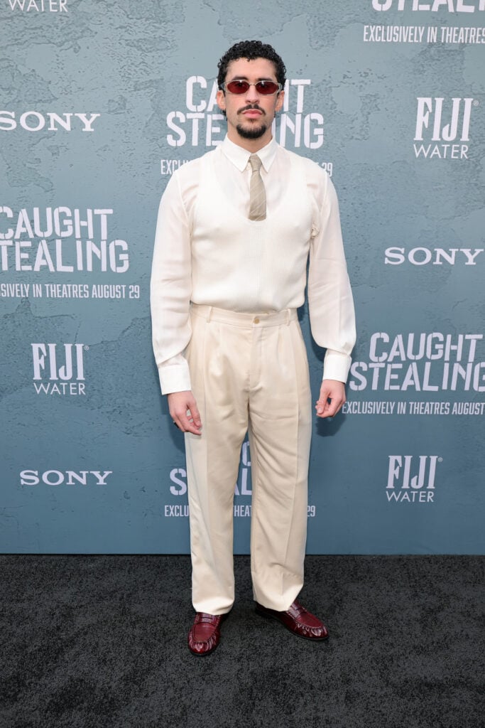 Bad Bunny attends Columbia Pictures' "Caught Stealing" premiere at Regal Union Square on August 26, 2025 in New York City.