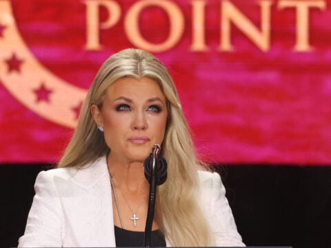 Erika Kirk, Charlie Kirk's widow, speaks at the public memorial service for right-wing activist Charlie Kirk at State Farm Stadium in Glendale, Arizona, on September 21, 2025.