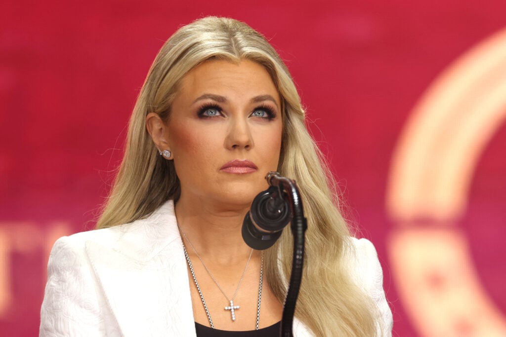 Erika Kirk, Charlie Kirk's widow, speaks during the public memorial service for right-wing activist Charlie Kirk at State Farm Stadium in Glendale, Arizona, on September 21, 2025.