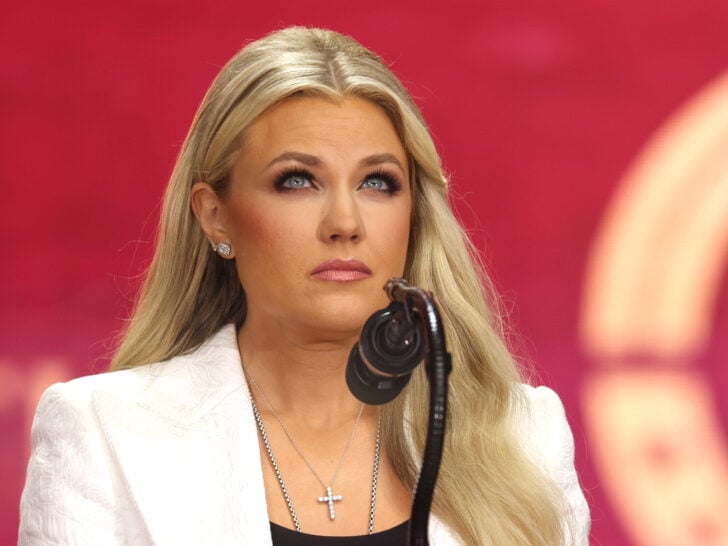 Erika Kirk, Charlie Kirk's widow, speaks during the public memorial service for right-wing activist Charlie Kirk at State Farm Stadium in Glendale, Arizona, on September 21, 2025.