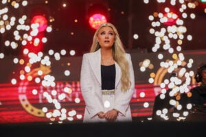 Erika Kirk speaks during the memorial service for her husband, political activist Charlie Kirk at State Farm Stadium on September 21, 2025 in Glendale, Arizona