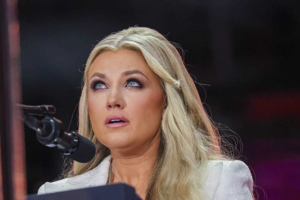 Erika Kirk speaks during the memorial service for her husband, political activist Charlie Kirk at State Farm Stadium on September 21, 2025 in Glendale, Arizona.  