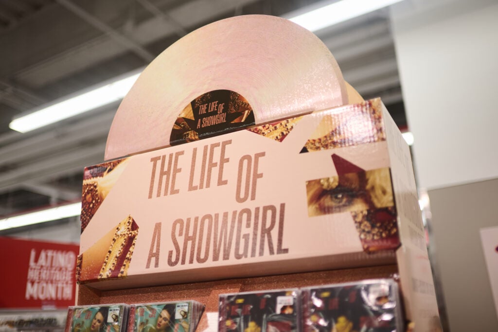A display with exclusive edition merchandise for Taylor Swift's new album, "Life of a Showgirl" is seen at Target on October 02, 2025 in New York City.