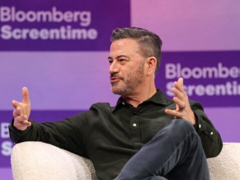 Comedian and TV producer Jimmy Kimmel speaks during the Bloomberg Screentime conference in Los Angeles on October 8, 2025.