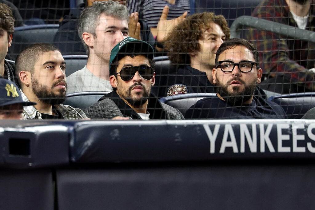 Bad Bunny attends the game between the New York Yankees and the Toronto Blue Jays in game three of the American League Division Series at Yankee Stadium on October 07, 2025 in the Bronx borough of New York City.