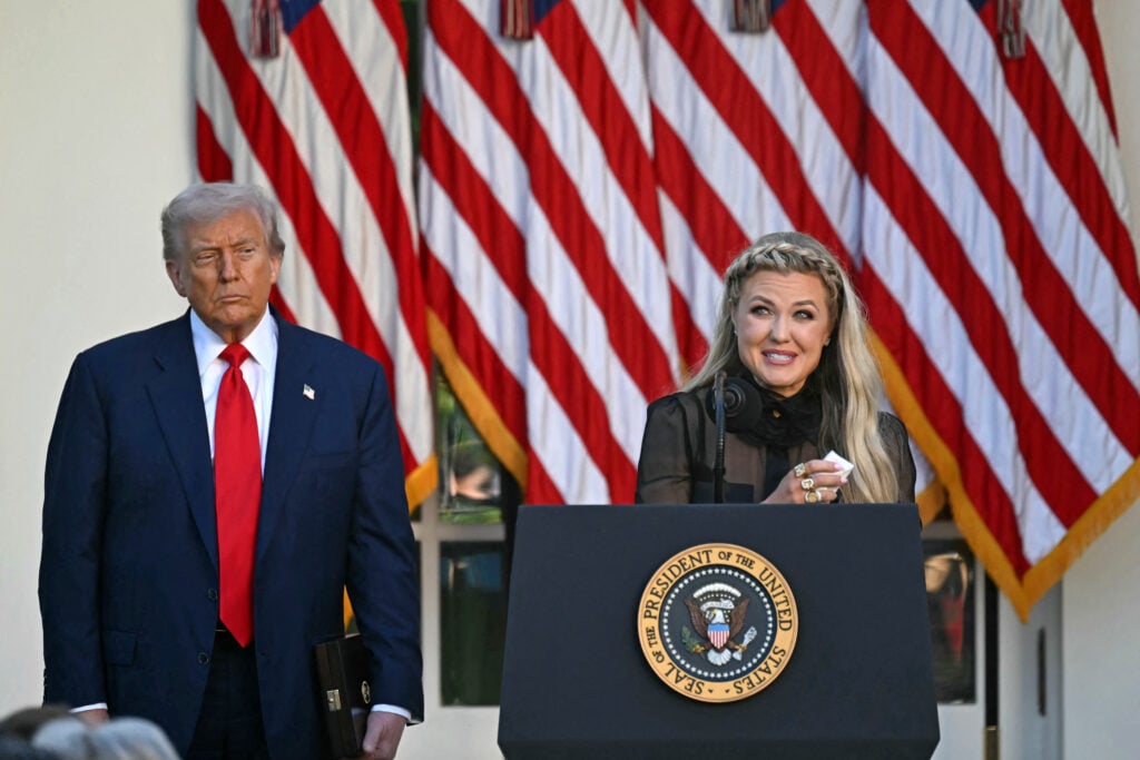 US President Donald Trump and Erika Kirk, Charlie Kirk's widow, participate in a Medal of Freedom Ceremony for late US right-wing activist Charlie Kirk in the Rose Garden of the White House in Washington, DC, on October 14, 2025.