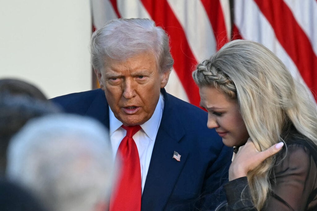 US President Donald Trump and Erika Kirk, Charlie Kirk's widow, participate in a Medal of Freedom Ceremony for late US right-wing activist Charlie Kirk in the Rose Garden of the White House in Washington, DC, on October 14, 2025.