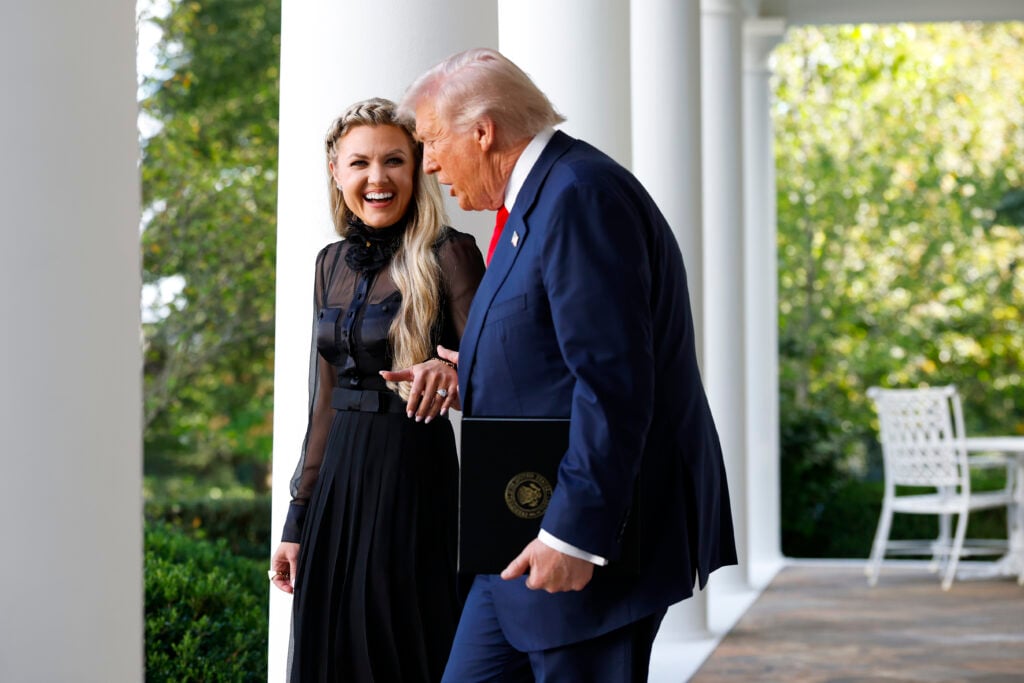 Erika Kirk, wife of late conservative activist Charlie Kirk, arrives with U.S. President Donald Trump as he posthumously awards the Presidential Medal of Freedom to Charlie Kirk during a ceremony in the Rose Garden of the White House on October 14, 2025 in Washington, DC. 