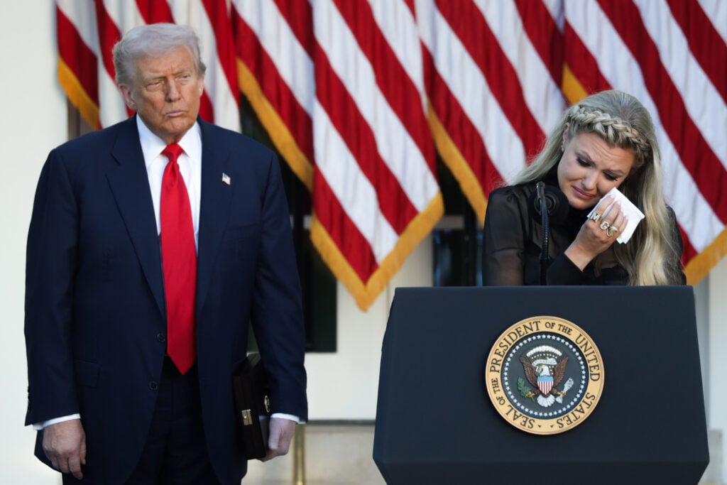 Erika Kirk, wife of late conservative activist Charlie Kirk, becomes emotional as she speaks after U.S. President Donald Trump posthumously awarded the Presidential Medal of Freedom to Charlie Kirk during a ceremony in the Rose Garden of the White House on October 14, 2025 in Washington, DC.