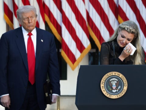 Erika Kirk, wife of late conservative activist Charlie Kirk, becomes emotional as she speaks after U.S. President Donald Trump posthumously awarded the Presidential Medal of Freedom to Charlie Kirk during a ceremony in the Rose Garden of the White House on October 14, 2025 in Washington, DC.