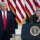 Erika Kirk, wife of late conservative activist Charlie Kirk, becomes emotional as she speaks after U.S. President Donald Trump posthumously awarded the Presidential Medal of Freedom to Charlie Kirk during a ceremony in the Rose Garden of the White House on October 14, 2025 in Washington, DC.