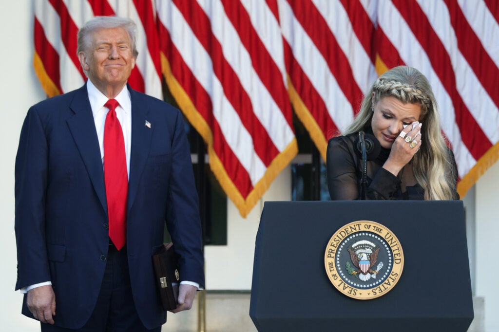 Erika Kirk, wife of late conservative activist Charlie Kirk, speaks after U.S. President Donald Trump (L) posthumously awarded the Presidential Medal of Freedom to Charlie Kirk during a ceremony in the Rose Garden of the White House on October 14, 2025 in Washington, DC. 