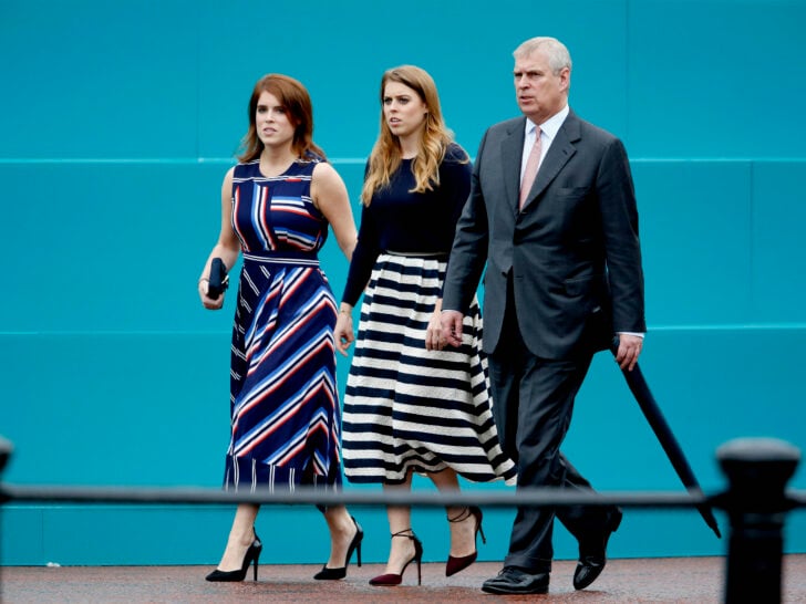 Princess Eugenie of York, Princess Beatrice of York and Prince Andrew, Duke of York walk about during 