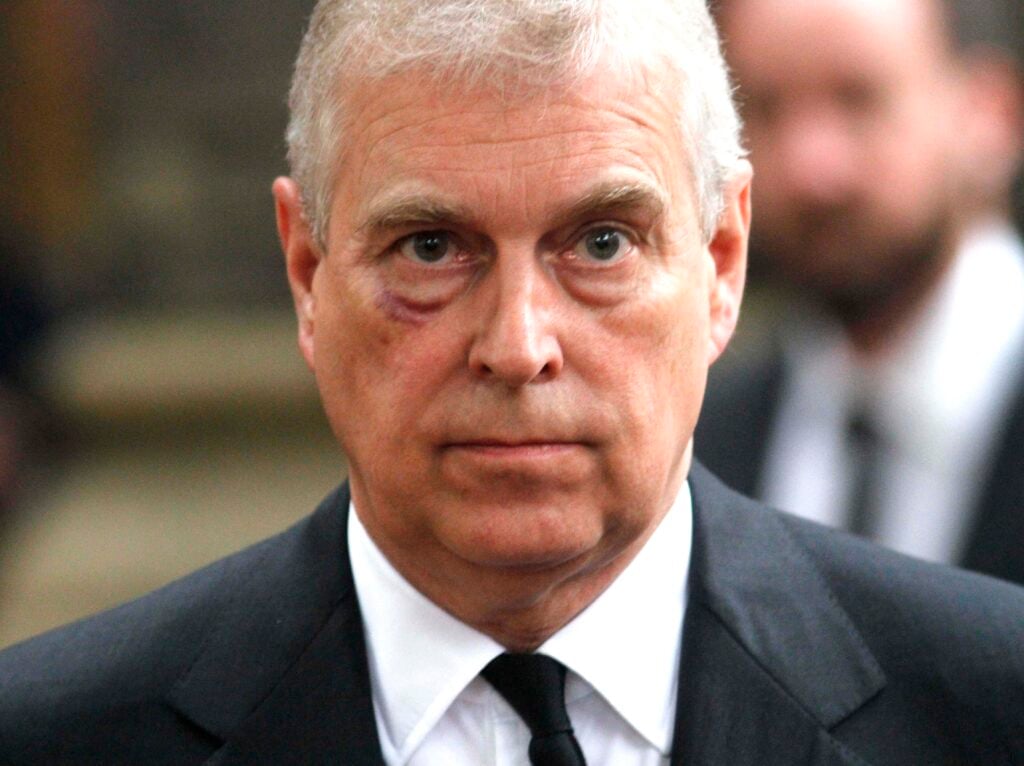 Prince Andrew, Duke of York leaves the funeral service of Patricia Knatchbull, Countess Mountbatten of Burma at St Paul's Church in Knightsbridge on June 27, 2017 in London, England.