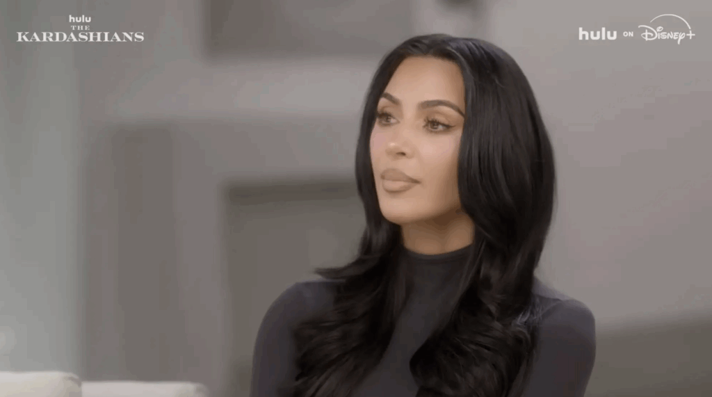 Kim Kardashian speaks to the camera in a confessional segment from 'The Kardashians' Season 7.