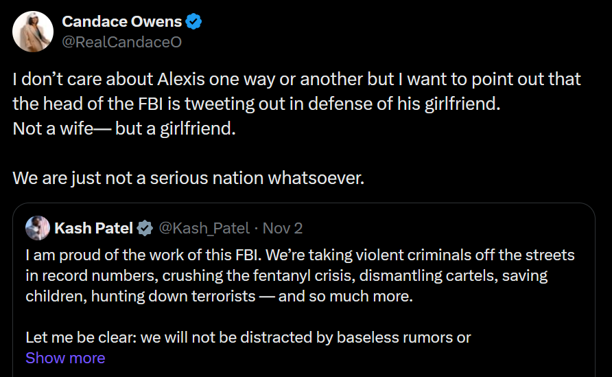 A dark mode Twitter screenshot of Candace Owens dunking on Kash Patel.