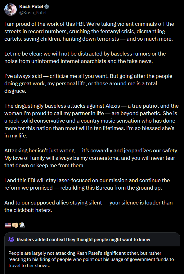 A dark mode Twitter screenshot of Kash Patel's rant.