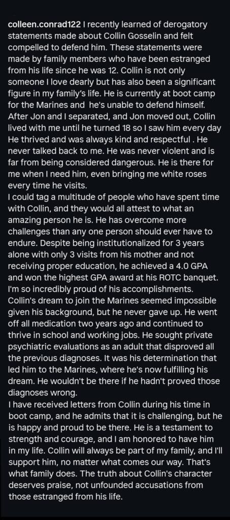 A dark mode Instagram screenshot of Collen Conrad's Instagram caption on August 4, 2023.