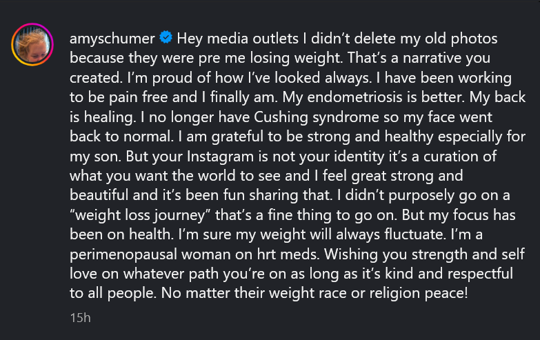A dark mode screenshot of Amy Schumer's Instagram caption.