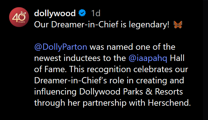 A dark mode Instagram screenshot of the official Dollywood page.