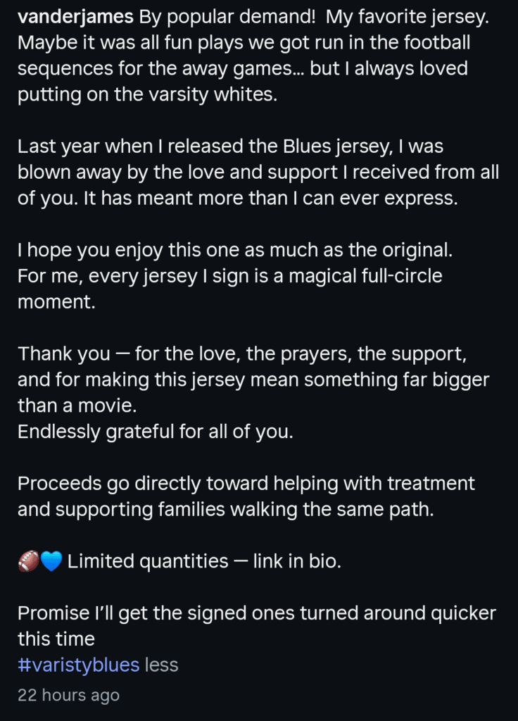 A dark mode James Van Der Beek Instagram caption screenshot.